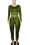 Dark Green Women Autumn Fashion Tassel Long Sleeve Bodycon Pure Color Pants Sets SH7287-3