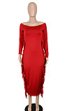 Red Women Autumn Fashion Tassel Long Sleeve Bodycon Pure Color Long Dress SH7288-2