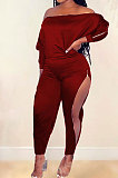 Rose Red Simple New Pure Color Zipper A Wrod Shoulder Long Sleeve Loose Tops Ankle Banded Pants Sets CYY00035-2