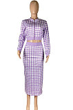 Pink Women Digital Printing Ribber Long Sleeve Zipper Hip Skirts Sets YLY2666-1