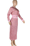 Red Women Digital Printing Ribber Long Sleeve Zipper Hip Skirts Sets YLY2666-2