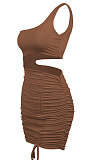Brown Wholesale Sexy Single Shoulder Hollow Out Bandage Ruffle Solid Color Hip Dress LZY9508-5
