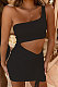 Black Wholesale Sexy Single Shoulder Hollow Out Bandage Ruffle Solid Color Hip Dress LZY9508-4