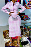 Purple Women Digital Printing Ribber Long Sleeve Zipper Hip Skirts Sets YLY2666-3