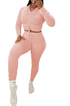 Pink Euramerican Women Hooded Drawsting Crop Solid Color Bodycon Casual Pants Sets AYQ08021-2