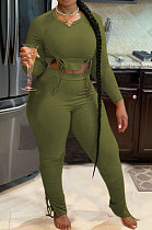 Army Green Autumn Winter Fashion Women Shirred Detail Ribber Pure Color Split Pants Sets XT8112-1