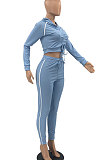 Blue Euramerican Women Hooded Drawsting Crop Solid Color Bodycon Casual Pants Sets AYQ08021-1