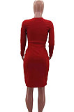 Red Autumn Winter Sexy Ribber Long Sleeve Bandage Double-Breasted Bodycon Slit Dress HHM6530-2