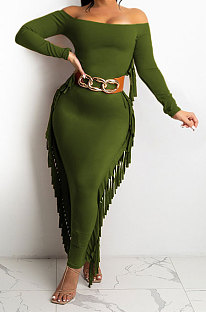 Dark Green Women Autumn Fashion Tassel Long Sleeve Bodycon Pure Color Long Dress SH7288-3