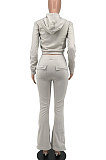Black Euramerican Women Autumn Winter Drawsting Hooded Pockets Velvet Zipper Pants Sets MLM9079-3