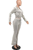 Khaki Euramerican Women Autumn Winter Drawsting Hooded Pockets Velvet Zipper Pants Sets MLM9079-4