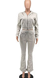 Gray Euramerican Women Autumn Winter Drawsting Hooded Pockets Velvet Zipper Pants Sets MLM9079-1
