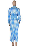 Dark Blue Women Digital Printing Ribber Long Sleeve Zipper Hip Skirts Sets YLY2666-5