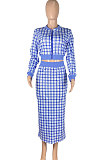 Light Blue Women Digital Printing Ribber Long Sleeve Zipper Hip Skirts Sets YLY2666-6