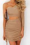 Orange Pink New Sexy Women Pure Color One Sleeve Hollow Out Bandage Hip Dress LZY8703-2