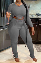 Gray Autumn Winter Fashion Women Shirred Detail Ribber Pure Color Split Pants Sets XT8112-3
