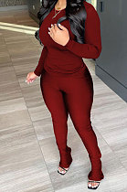 Wine Red Wholesale Pure Color Long Sleeve Round Neck T-Shirts Bodycon Flare Pants Casual Sets CYY00033-3