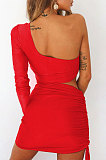 Wine Red New Sexy Women Pure Color One Sleeve Hollow Out Bandage Hip Dress LZY8703-6