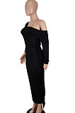 Black Women Autumn Fashion Tassel Long Sleeve Bodycon Pure Color Long Dress SH7288-1
