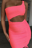 Orange Pink Wholesale Sexy Single Shoulder Hollow Out Bandage Ruffle Solid Color Hip Dress LZY9508-3