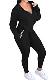 Rose Red Euramerican Women Zipper Hooded Fashion Sport Pure Color Long Sleeve Pants Sets XT8888-2