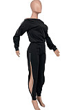 Black Simple New Pure Color Zipper A Wrod Shoulder Long Sleeve Loose Tops Ankle Banded Pants Sets CYY00035-1