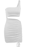 Whiite Wholesale Sexy Single Shoulder Hollow Out Bandage Ruffle Solid Color Hip Dress LZY9508-1