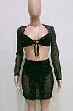 Black Sexy Mesh See-Through Hot Stamping Long Sleeve Bandage Strapless Hip Skirts Fashion Sets BN9306