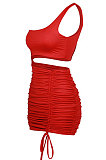 Red Wholesale Sexy Single Shoulder Hollow Out Bandage Ruffle Solid Color Hip Dress LZY9508-2