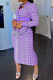 Light Blue Women Digital Printing Ribber Long Sleeve Zipper Hip Skirts Sets YLY2666-6