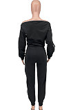 Black Simple New Pure Color Zipper A Wrod Shoulder Long Sleeve Loose Tops Ankle Banded Pants Sets CYY00035-1