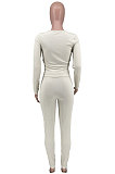 White Fashion Sexy Quality Ribber Long Sleeve Low Neck Bodycon Tops High Elastic Pencil Pants Solid Color Sets CYY00036-1