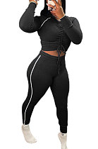 Black Euramerican Women Hooded Drawsting Crop Solid Color Bodycon Casual Pants Sets AYQ08021-3