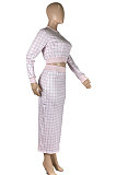 Pink Women Digital Printing Ribber Long Sleeve Zipper Hip Skirts Sets YLY2666-1