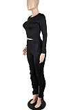 Black Women Autumn Fashion Tassel Long Sleeve Bodycon Pure Color Pants Sets SH7287-1