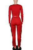 Red Women Autumn Fashion Tassel Long Sleeve Bodycon Pure Color Pants Sets SH7287-2