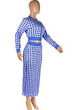 Dark Blue Women Digital Printing Ribber Long Sleeve Zipper Hip Skirts Sets YLY2666-5