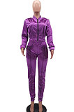 Purple Casual Quality Long Sleeve Zip Front Coat High Waist Ankle Banded Pants Solid Color Sport Sets HHM6529-4