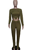 Gray Autumn Winter Fashion Women Shirred Detail Ribber Pure Color Split Pants Sets XT8112-3