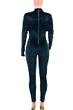 Black Women Korea Velvet Pure Color Irregular Ruffle Zipper Bodycon Jumpsuits PY0839