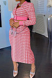 Red Women Digital Printing Ribber Long Sleeve Zipper Hip Skirts Sets YLY2666-2