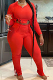 Red Autumn Winter Fashion Women Shirred Detail Ribber Pure Color Split Pants Sets XT8112-2