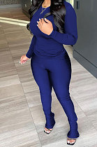 Drak Blue Wholesale Pure Color Long Sleeve Round Neck T-Shirts Bodycon Flare Pants Casual Sets CYY00033-1