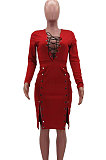 Red Autumn Winter Sexy Ribber Long Sleeve Bandage Double-Breasted Bodycon Slit Dress HHM6530-2