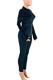 Black Women Korea Velvet Pure Color Irregular Ruffle Zipper Bodycon Jumpsuits PY0839
