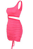 Fluorescent Pink Wholesale Sexy Single Shoulder Hollow Out Bandage Ruffle Solid Color Hip Dress LZY9508-1