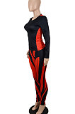 Black Orange Women Autumn Sexy Trendy Tight Printing Long Sleeve Long Pants Sets SH7286-1