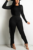 Dark Green Women Autumn Fashion Tassel Long Sleeve Bodycon Pure Color Pants Sets SH7287-3