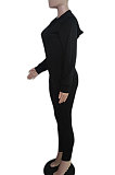 Black Euramerican Women Zipper Hooded Fashion Sport Pure Color Long Sleeve Pants Sets XT8888-1