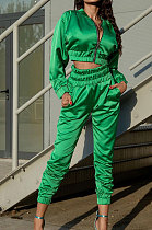 Neon Green Casual Quality Long Sleeve Zip Front Coat High Waist Ankle Banded Pants Solid Color Sport Sets HHM6529-1